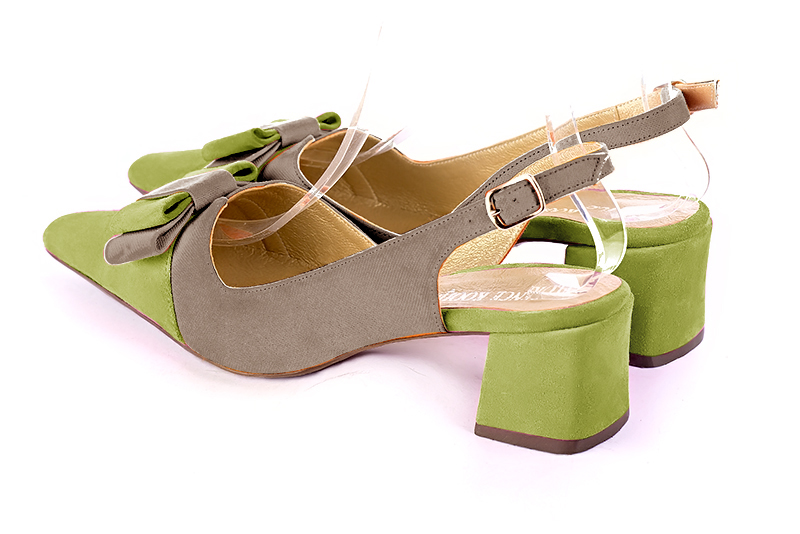 Pistachio green and taupe brown women's open back shoes, with a knot. Tapered toe. Medium block heels. Rear view - Florence KOOIJMAN
